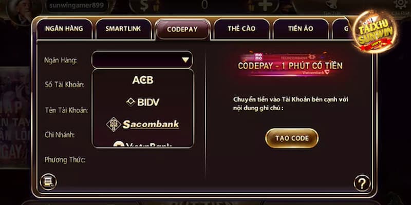 Nạp tiền Sunwin bằng cách sử dụng dịch vụ Codepay